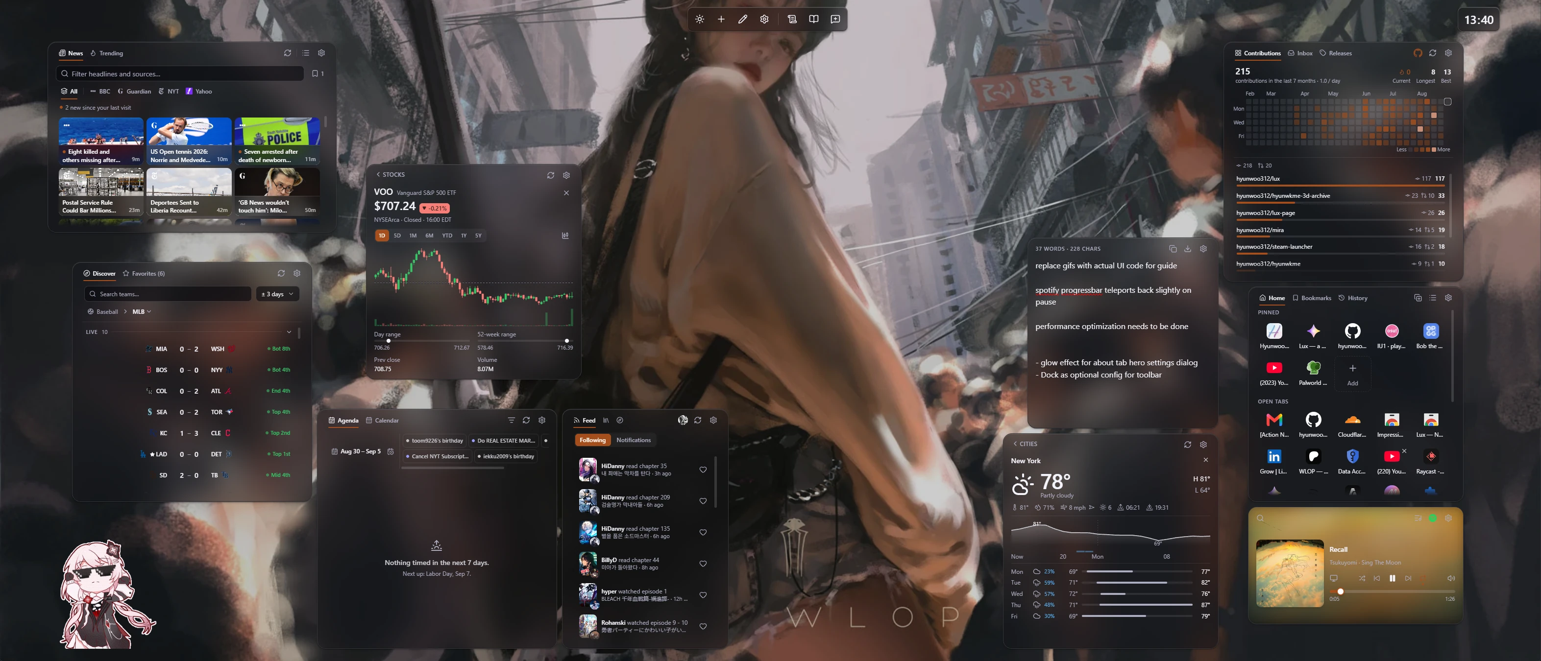 A Lux dashboard with a custom wallpaper and a full set of widgets arranged across the new tab