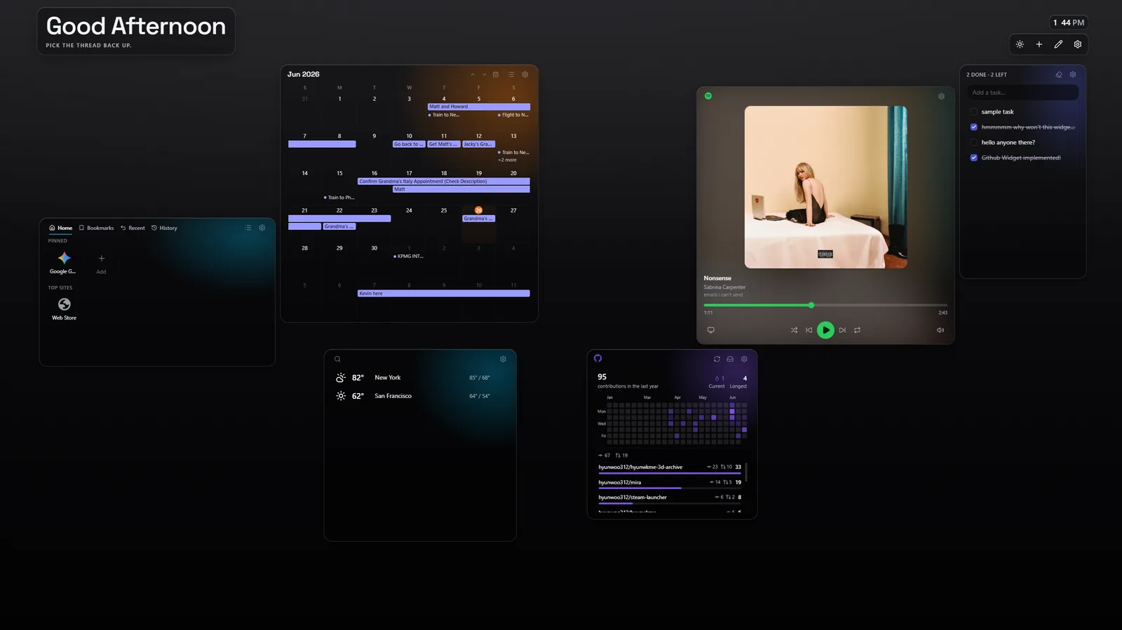 Lux new tab dashboard — default look with calendar, Spotify, weather, GitHub, and tasks widgets