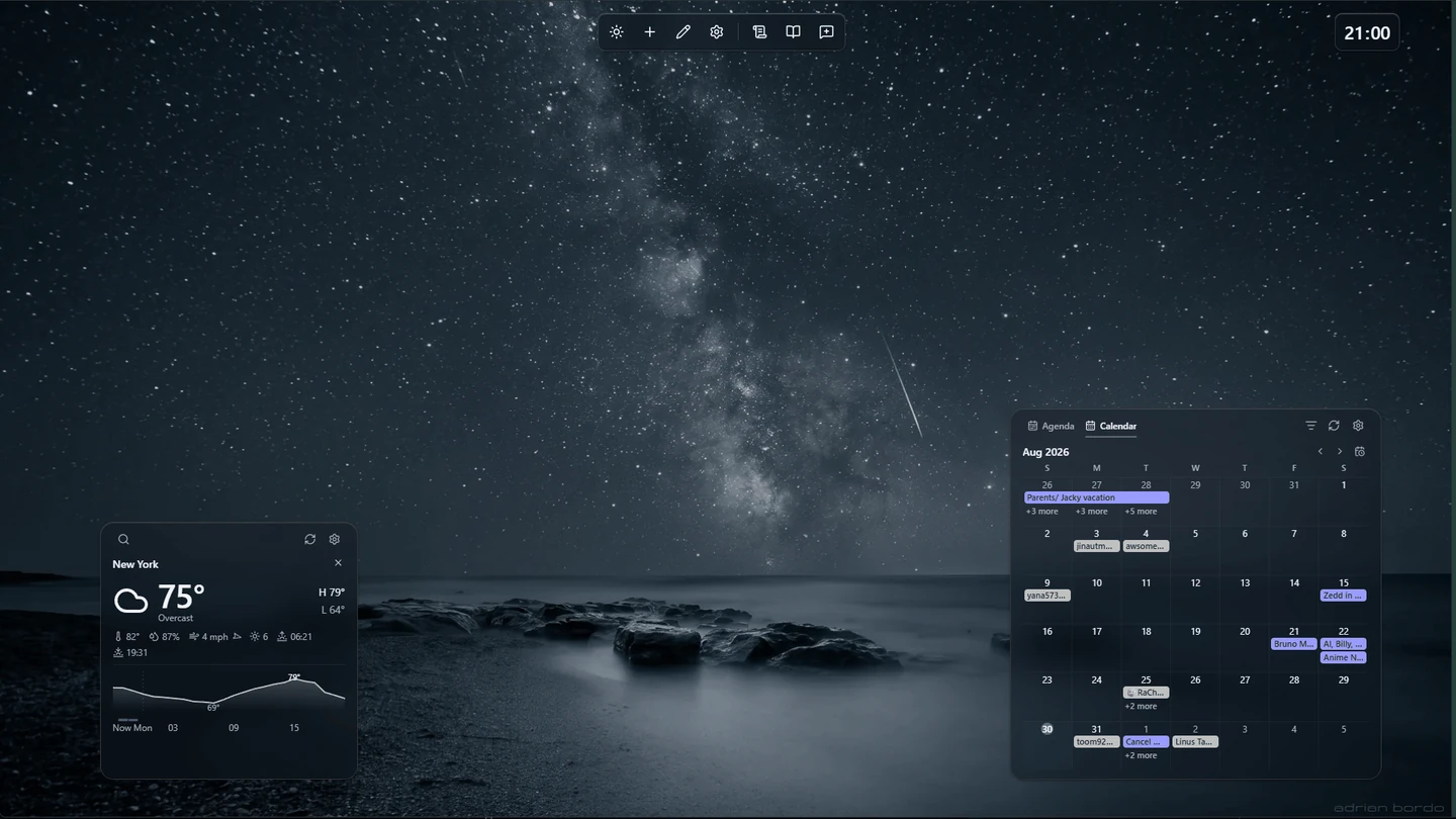 Open the widget menu, hover to preview where a widget will land, then click to drop it — or drag it onto the grid yourself.